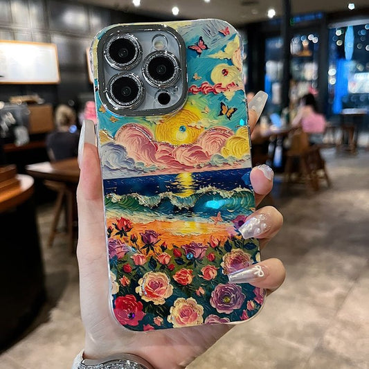 Accessories for Apple series iPhone15 new shell Blu-ray retro women's Internet celebrity sunset flower sea creative all-inclusive 14