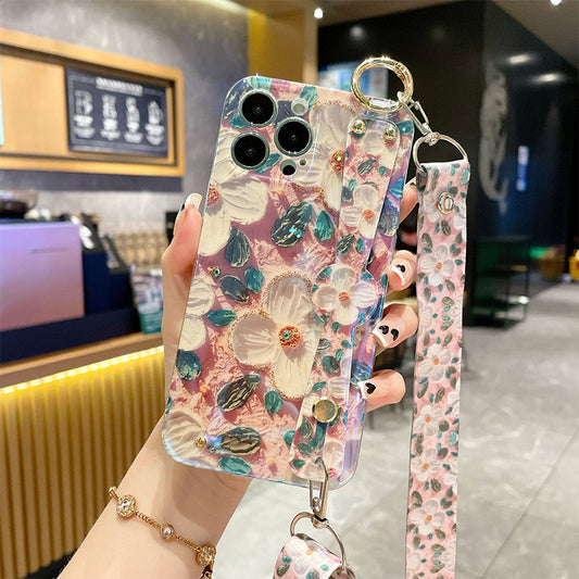 Accessories New Point Diamond Wristband Camellia iphone14promax Mobile Phone Case Crossbody Back Apple 13 Women Soft Silicone