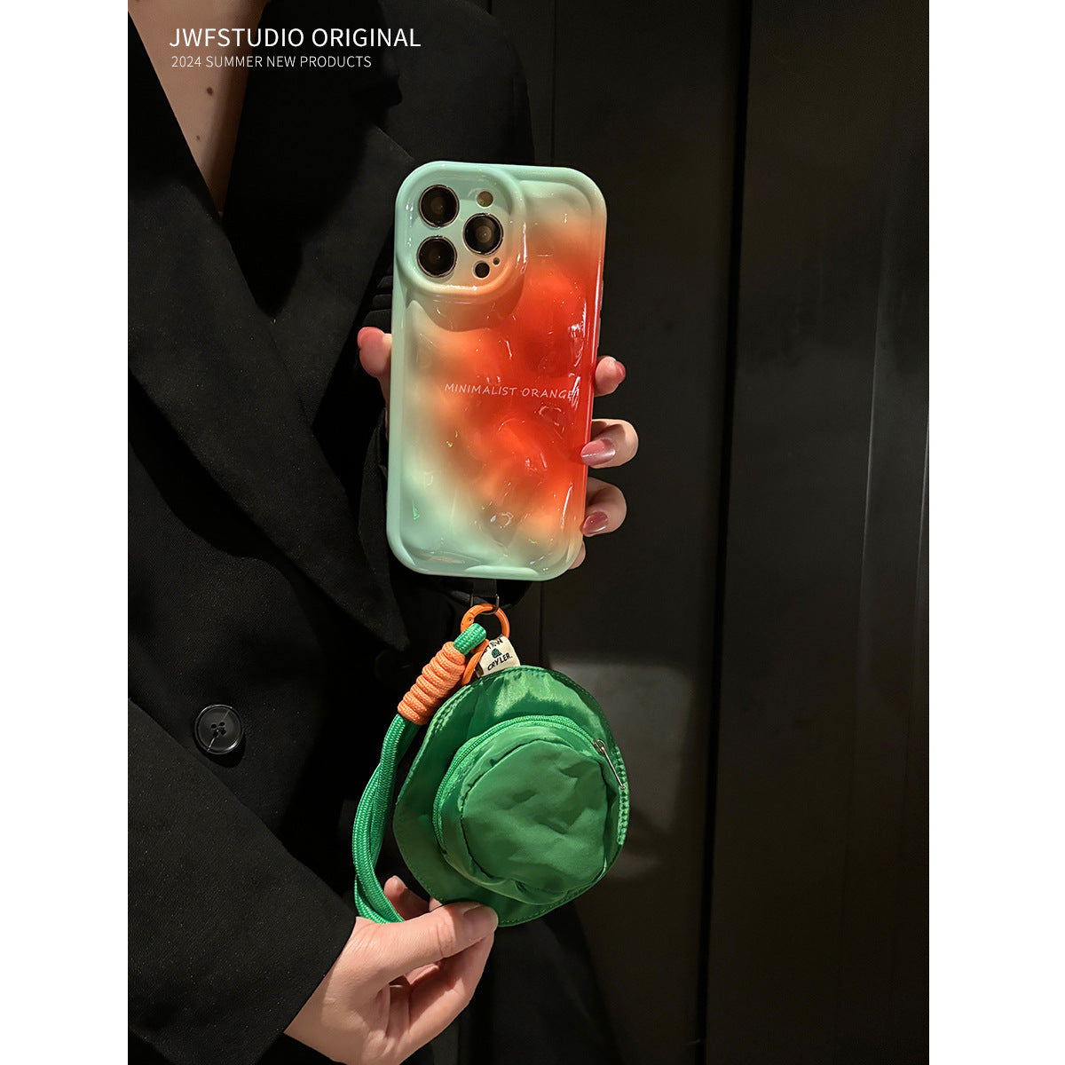 Accessories Green bucket hat earphone bag for Apple 15promax messenger phone case smudged orange meteorite pattern 14/13