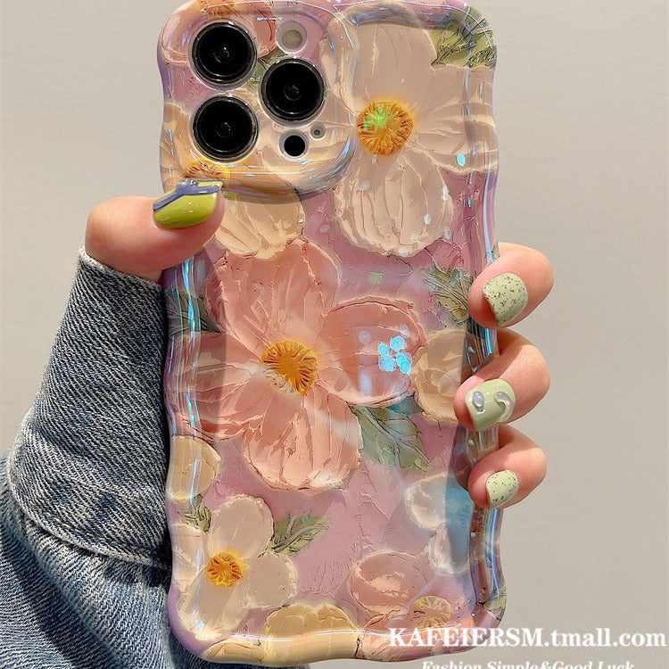 Accessories for high-end art oil painting flower 15promax mobile phone case Apple 14 female 12pro silicone 11 anti-drop