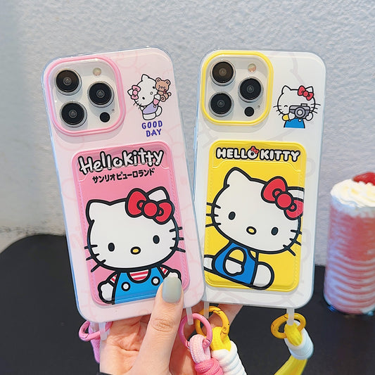 Accessories for Apple 15iPhone14Pro cute 13promax cartoon card bag lanyard kitty cat Internet celebrity soft case