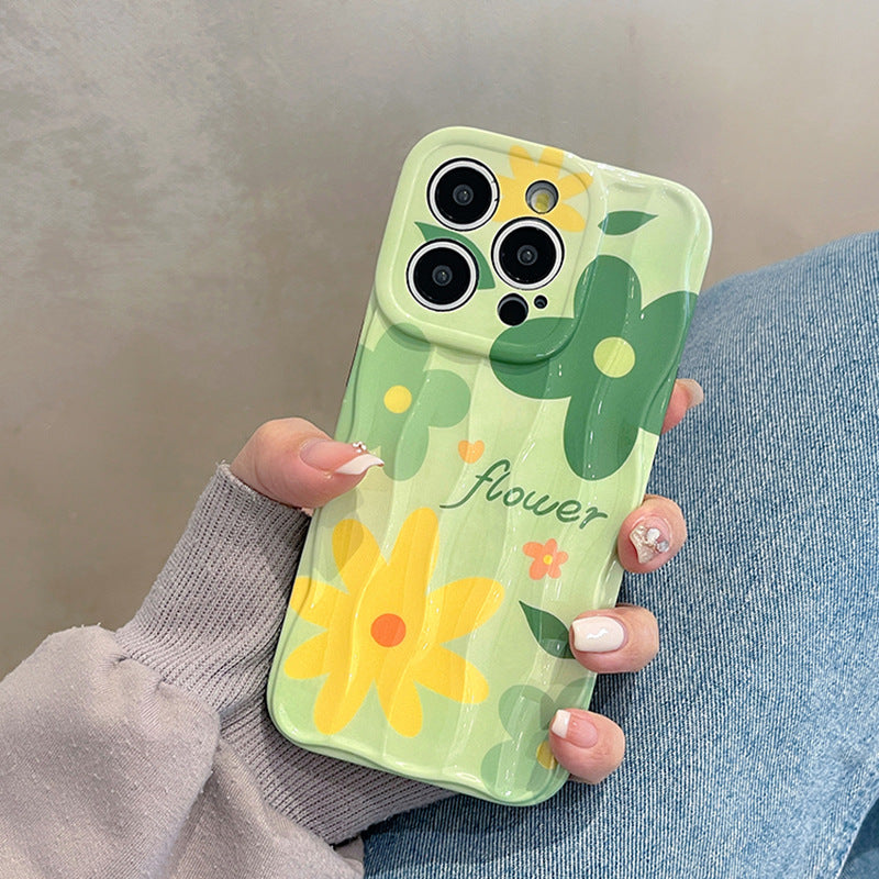 Accessories Japanese and Korean ins green oil painting flowers for Apple 15promax mobile phone case iphone14pro premium sense 13p