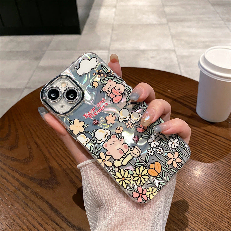 Accessories Cartoon Water Ripple Flower Bear Applicable to iPhone15 Mobile Phone Case Apple 14promax Lens Film 13pro