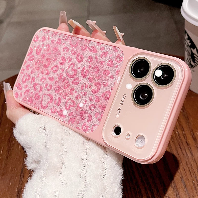 Glitter love leopard print for iPhone 17promax mobile phone case new iPhone16 seconds change 17pro large window lens film all-inclusive 15pro sweet cool women's shell Phone accessories