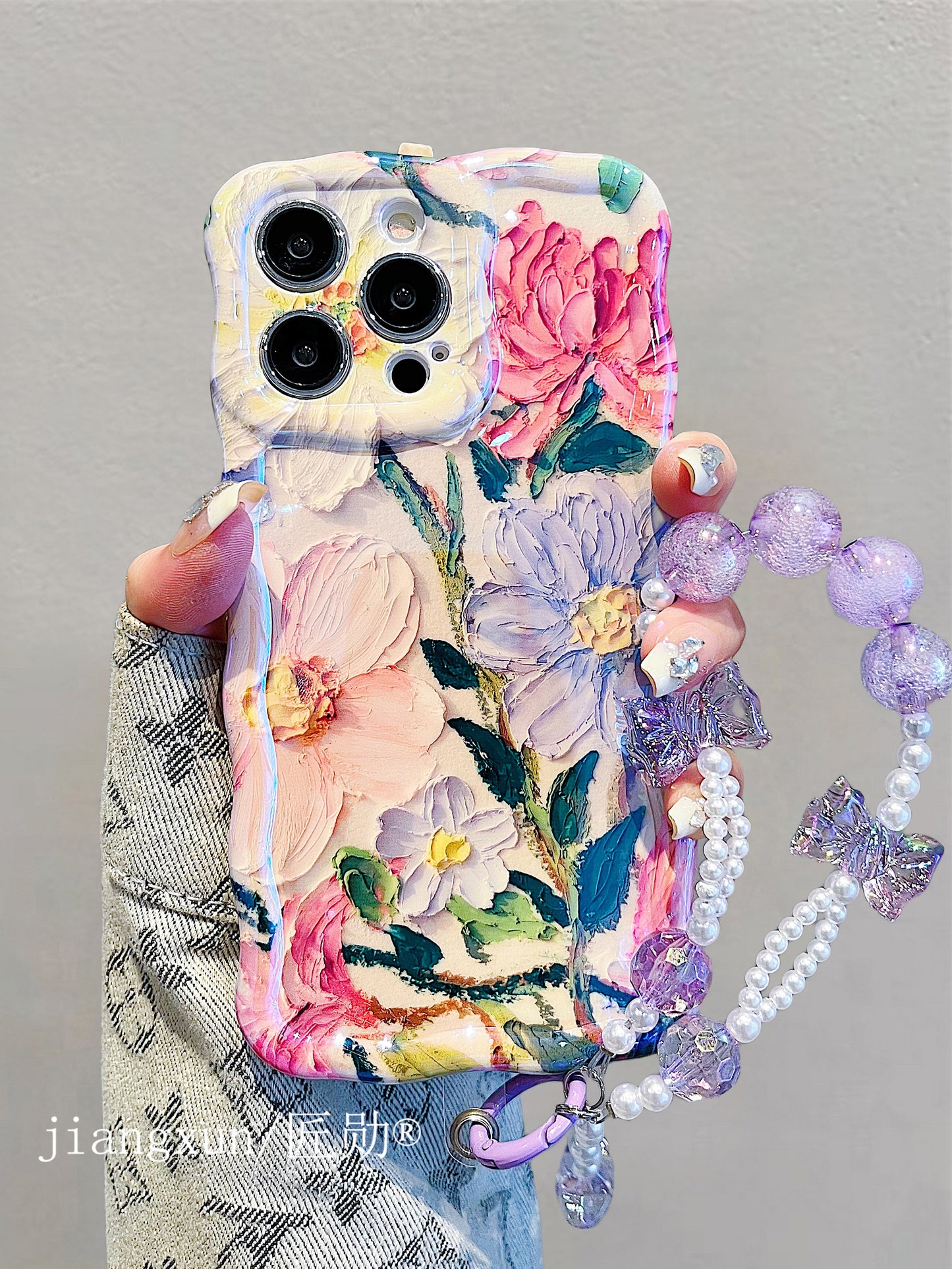 Accessories for iPhone15promax phone case 13/14 blue oil painting flower ins wind 14promax apple 15