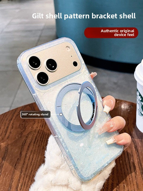 Gilded shell pattern stand for iPhone 17 Pro Max phone case, new iPhone 16 gradient gradient gradient with built-in pearlescent glitter protective cover, 15 Pro stand case, Phone accessories