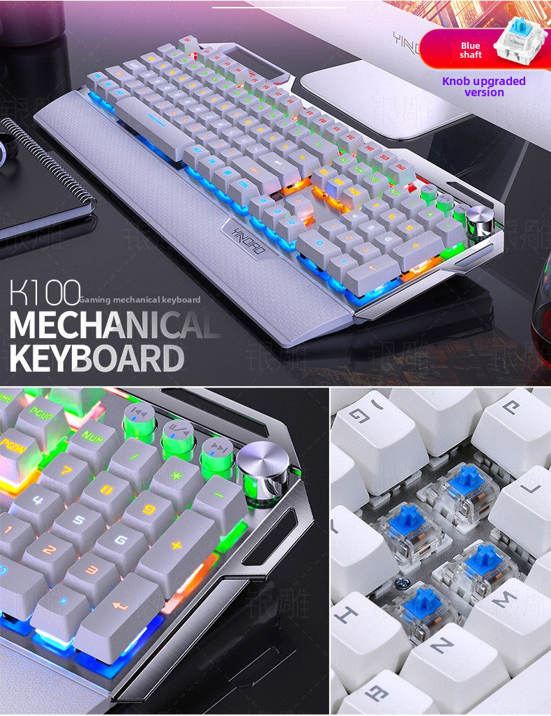 Silver engraving K100 metal real mechanical keyboard, hand rest knob game blue axis wired USB
