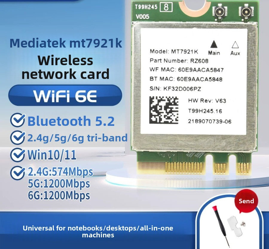 Wifi card for MT7922/MT7925/MT7902 WiFi6 WiFi6E MediaTek AW-XB604NF MT7921K MT7927 MT7922A22M MT7902 MT7925B22M RZ616 RZ608 RZ717 RZ608 0C011-00300100 0R5DHJ Wireless network interface card Bluetooth 5.4 Laptop Desktop AMD