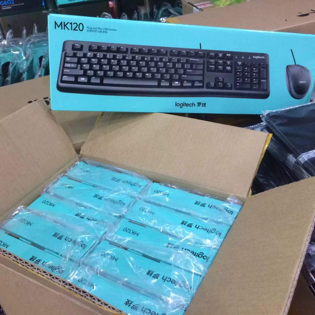 Boxed genuine, Logitech MK120 wired keyboard, mouse, keyboard and mouse set with dual USB ports, black/white.