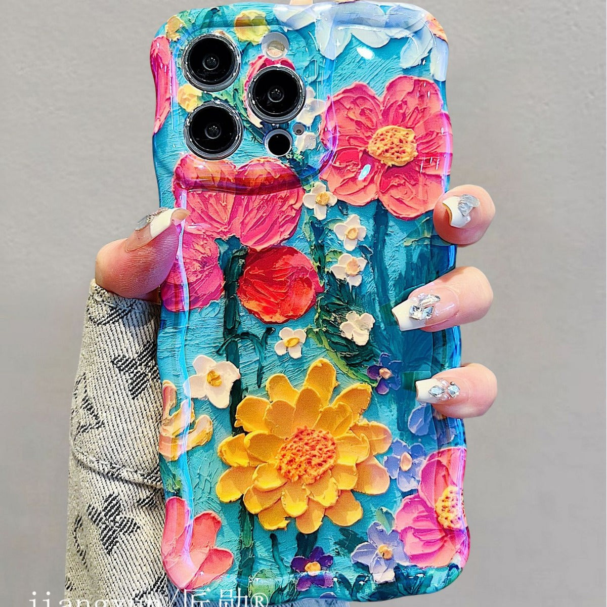 Accessories for iphone15promax mobile phone case 13 blue oil painting green flower daisy 14 new 14promax