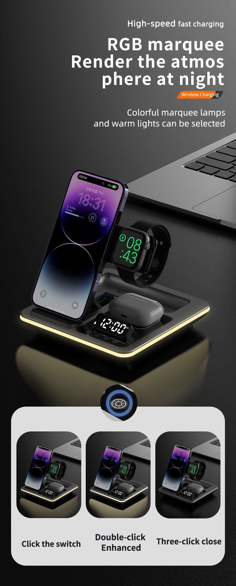 Popular folding three-in-one wireless charger, desktop mobile phone holder, multi-function clock digital display wireless charging