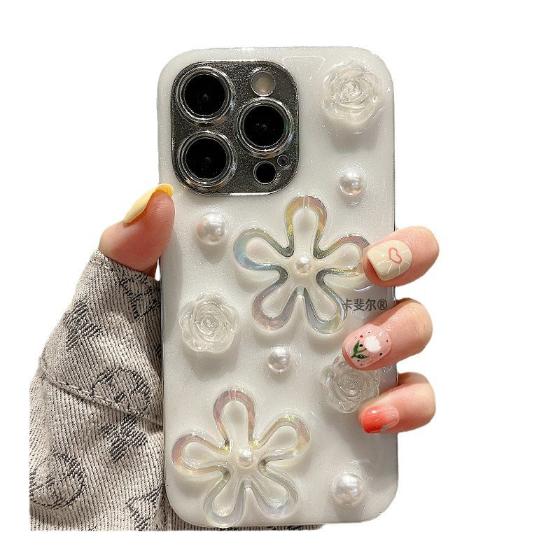 Accessories for cream Epoxy three-dimensional pearl flower bracelet iphone14pro max mobile phone case Apple 15 new model