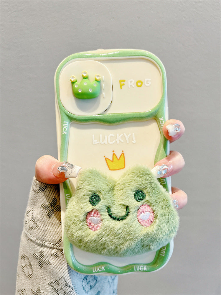 Accessories for Apple 15promax mobile phone case 13 autumn and winter plush frog sliding window 14 new 15pro all-inclusive