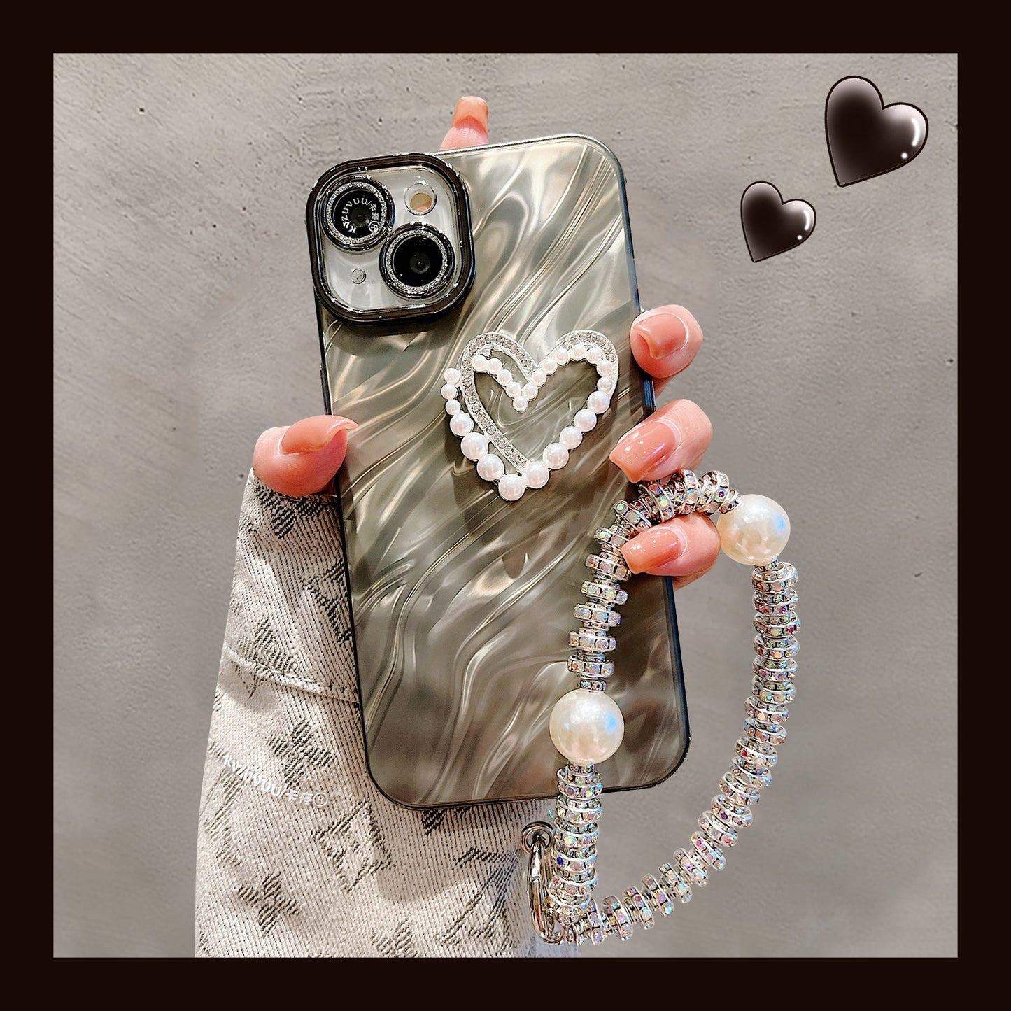 Accessories for Apple 15 mobile phone case iphone14promax three-dimensional ah pearl love bracelet 13 glitter lens 12