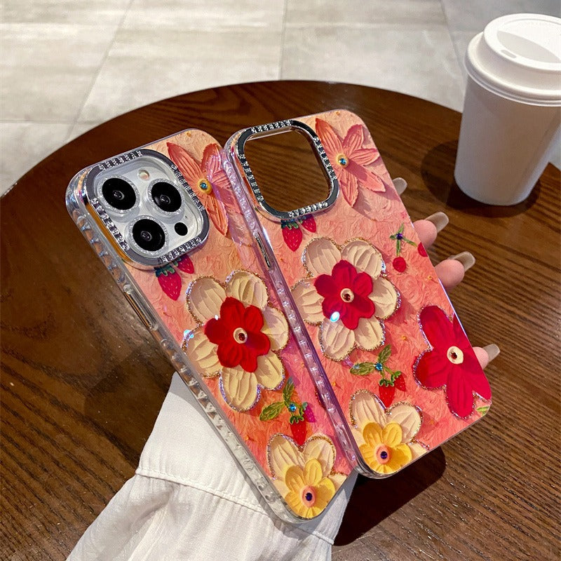 Accessories Blu-ray water brick Epoxy strawberry red flower for iPhone15Promax mobile phone case 14Pro Apple 13Pro