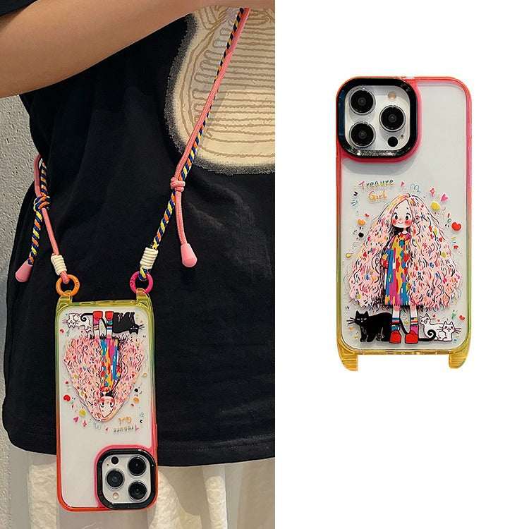 Accessories Cute Fun Girl Applicable Apple 15 Mobile Phone Case 2024 Summer New Crossbody Strap iphone14pro