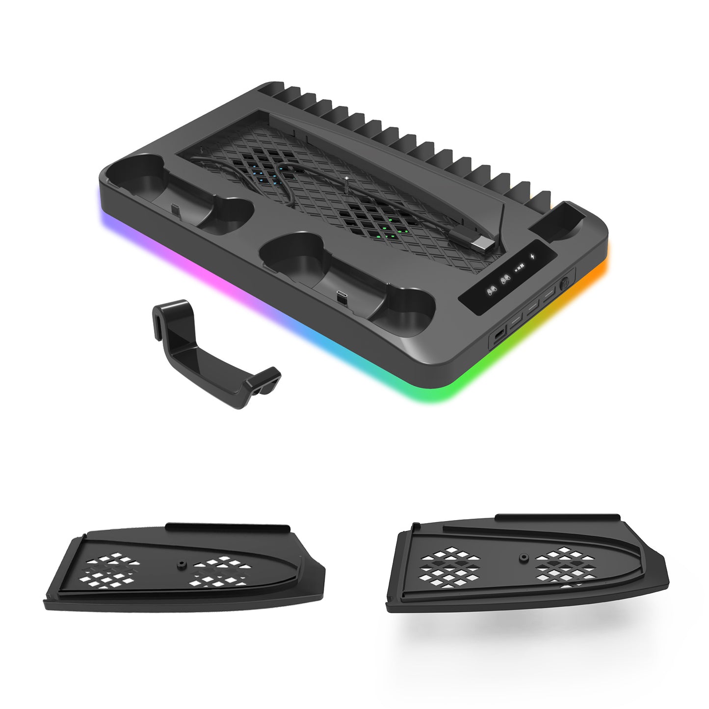 The PS5 slim/pro cooling base Stand with RGB lights PS5 controller charging dock for storing game discs  headphones
