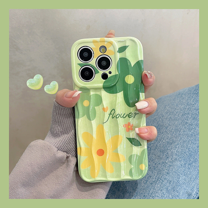 Accessories Japanese and Korean ins green oil painting flowers for Apple 15promax mobile phone case iphone14pro premium sense 13p