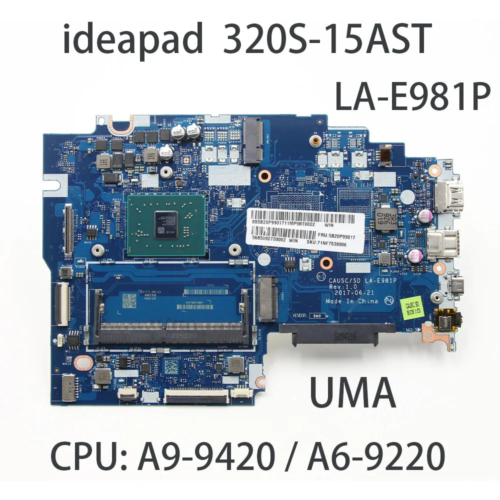 Laptop Motherboard For Lenovo IdeaPad 320S-15AST LA-E981P With CPU:A6-9220U A9-9420U E2-9010U UMA FRU:5B20P99017 5B20P99020 Lenovo laptop repair parts