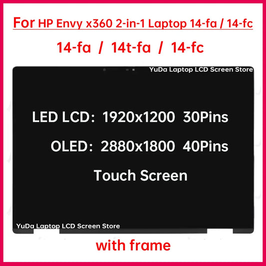 14" Laptop LCD Touch Screen For HP Envy x360 2-in-1 Laptop 14-fa 14t-fa 14-fc Digitizer+Frame Assembly Replacement WUXGA WQXGA+ HP laptop repair parts
