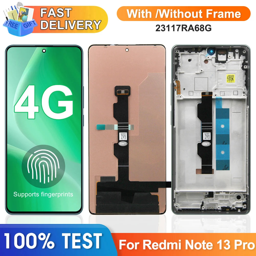 Super Amoled Screen for Xiaomi Redmi Note 13 Pro 4G 23117RA68G 2312FPCA6G Lcd Display Digital Touch Screen with Frame Assembly Xiaomi phone repair parts