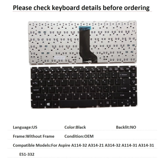 New US Language  Keyboard For Acer Aspire A114-32 A314-21 A314-32 A114-31 A314-31 ES1-332 Notebook PC Replacement Keyboard Acer laptop repair parts