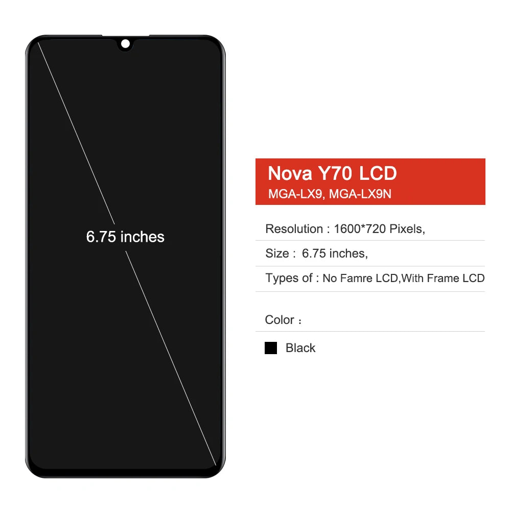 6.75'' For Huawei Nova Y70 MGA-LX9 With Frame Display Screen Touch Digitizer Assembly Y70Plus MGA-LX9N LCD 100% Tested HUAWEI phone repair parts