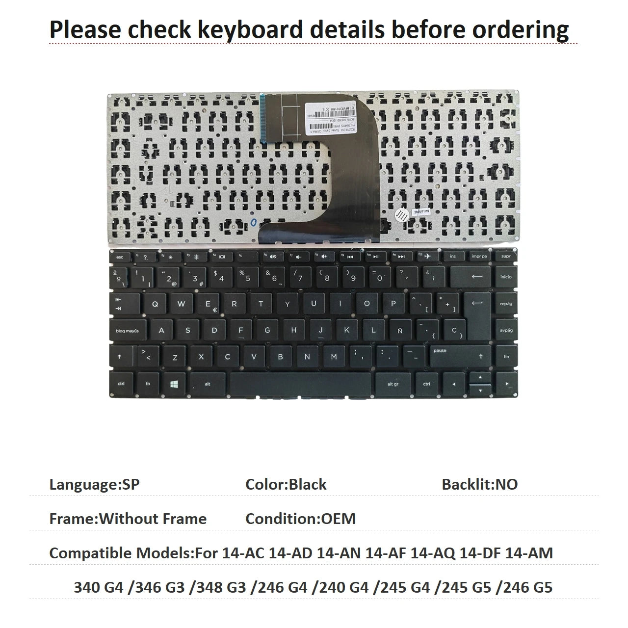 US SP AR BR Keyboard For HP 14-AC 14-AD 14-AN 14-AF 14-AQ 14-DF 14-AM 340 G4 /346 G3 /348 G3 /246 G4 /240 G4 /245 G4 /245 G5 /24 HP laptop repair parts