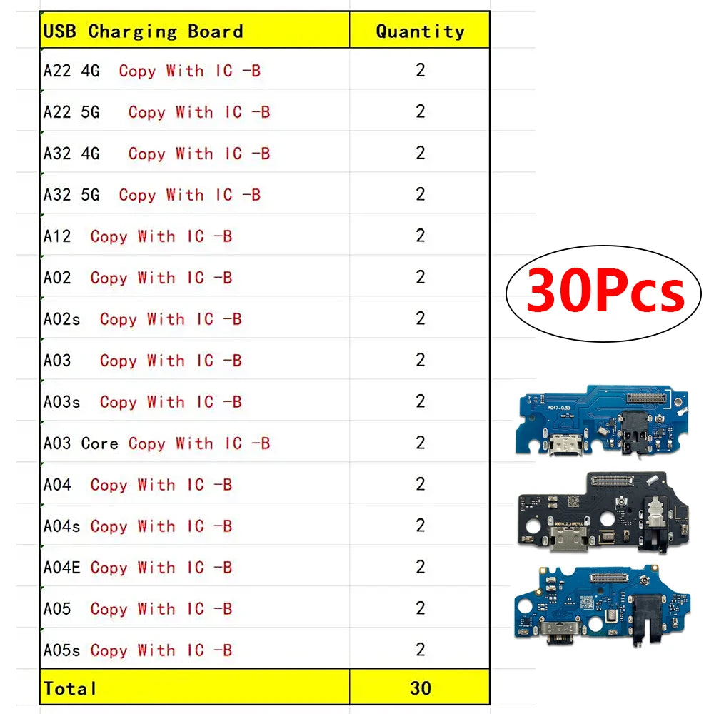 30Pcs USB Charger Charging Dock Port Connector Flex Cable For Samsung A22 A32 A12 A02 A02s A03s A03 A04 A04s A04E A05 A05s 4G 5G