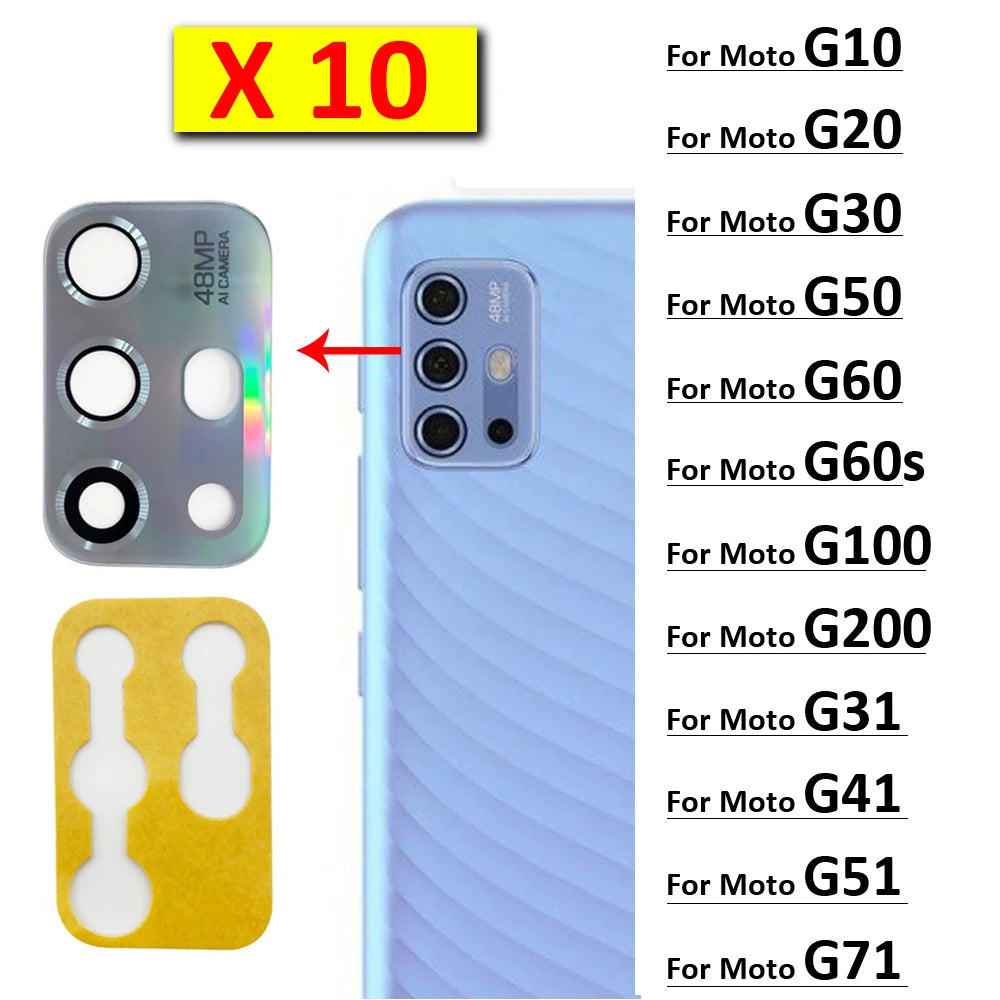 10Pcs, Camera Lens Back Rear Camera Glass Lens with Sticker For Moto G10 G20 G30 G50 G60 G60s G31 G41 G51 G71 G100 G200 5G G04s Motorola phone repair parts