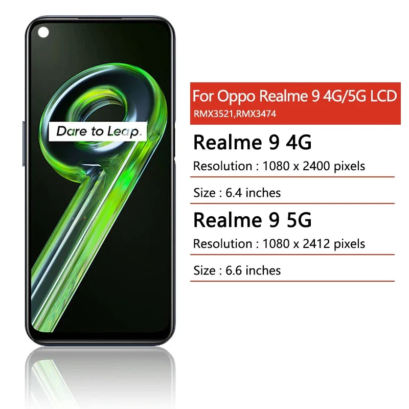 AMOLED For OPPO Realme 9 Realme9 4G/5G RMX3521 RMX3474 LCD Display Touch Screen Digitizer Assembly With Frame Oppo phone repair parts Realme phone repair parts