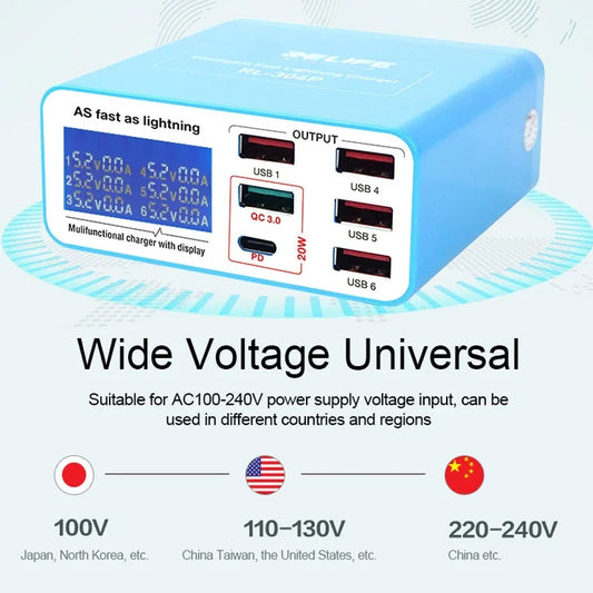 RELIFE RL-304P Smart 6-Port USB Digital Display Lightning Charger PD3.0+QC3.0 for All Mobile Phones and Tablet Charging Support Professional Repair Tools