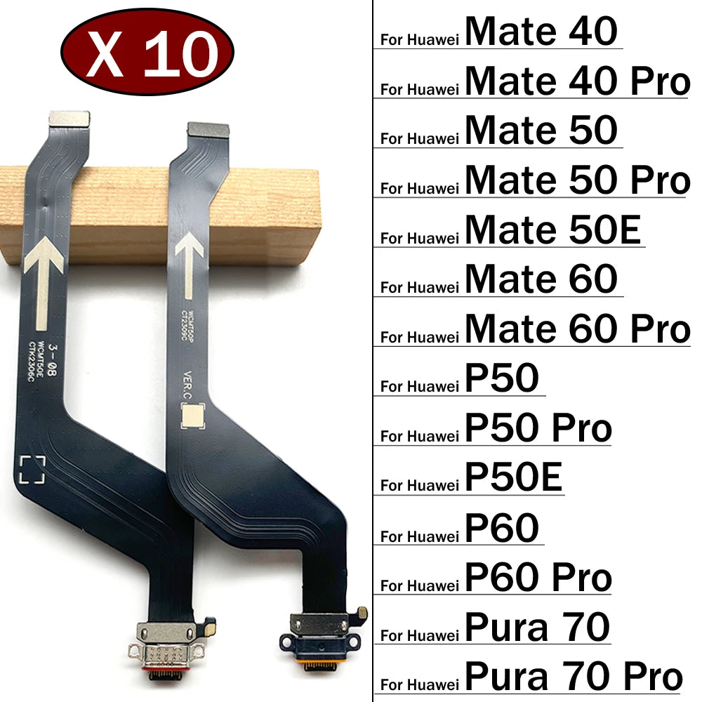 10Pcs, USB Charging Port Dock Charger Plug Connector Board Flex Cable For Huawei Mate 40 50 50E 60 Pro P50 P60 P50E Pura 70 Pro Huawei phone repair parts