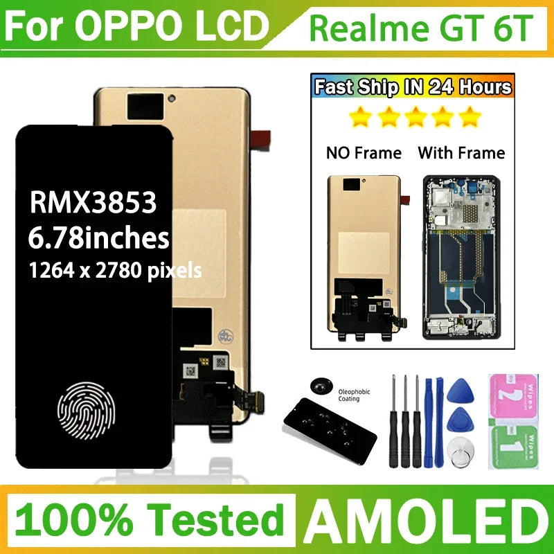 6.78"AMOLED For Realme GT 6 T RMX3853 LCD Display Touch Screen Digitizer Assembly GT 6T Display Repair Parts Oppo phone repair parts Realme phone repair parts