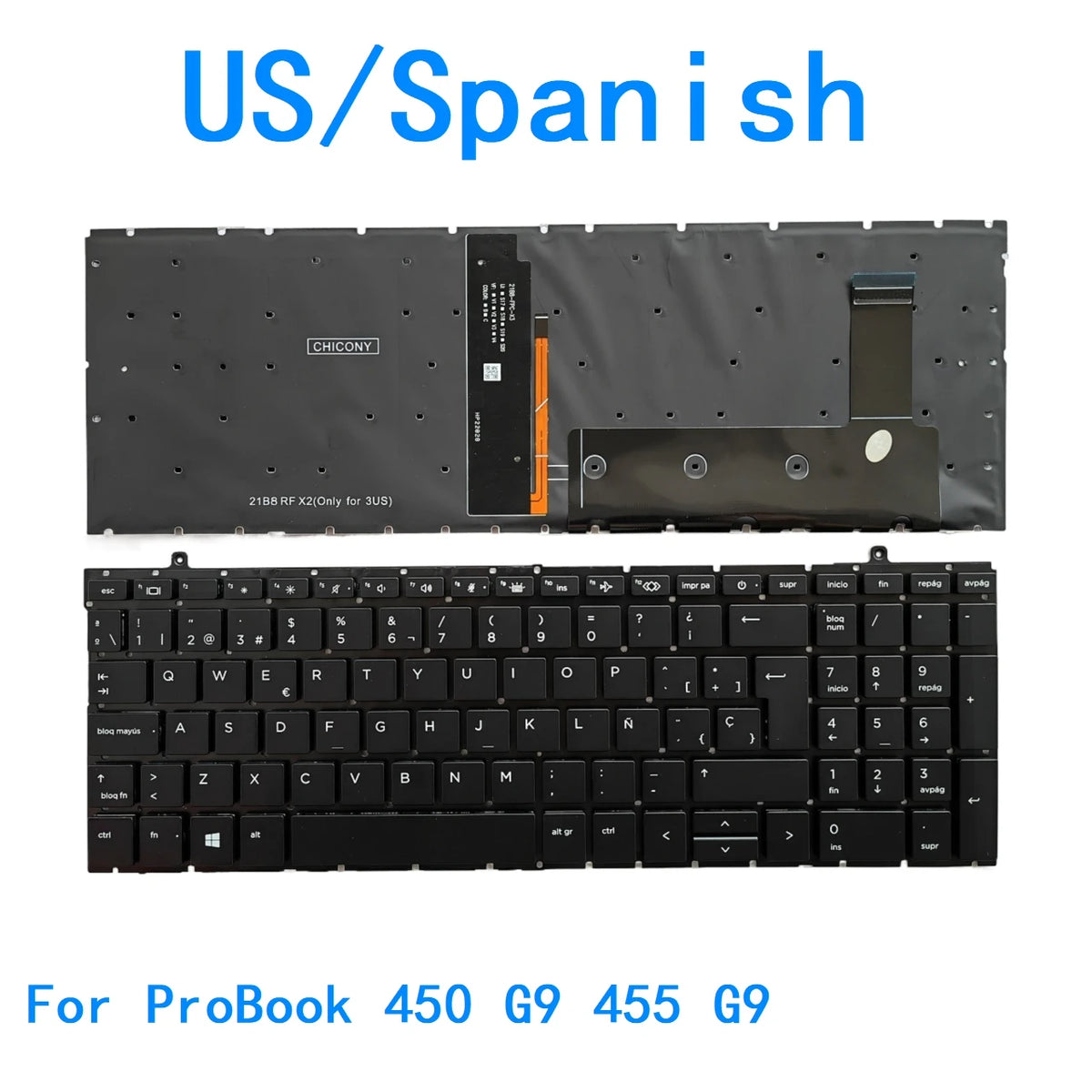 New US Spanish Language  Backlit Keyboard For HP ProBook 450 G9 455 G9 Notebook PC Replacement Keyboard  HP laptop repair parts
