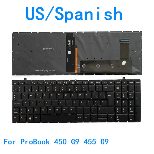 New US Spanish Language  Backlit Keyboard For HP ProBook 450 G9 455 G9 Notebook PC Replacement Keyboard  HP laptop repair parts