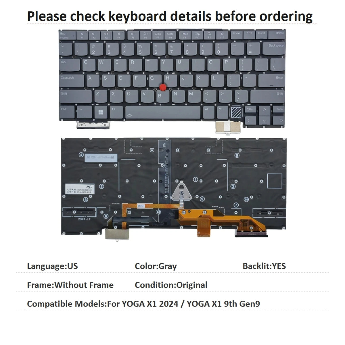 New US Language  Backlit Keyboard For Lenovo Thinkpad YOGA X1 2024 / YOGA X1 9th Gen9 Notebook PC Replacement Keyboard Lenovo laptop repair parts