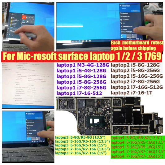 Motherboard for Microsoft surface laptop 1 2 3 1769 i5 i7 7th U 4G 8G 16G 13.5 15 inch system board main board