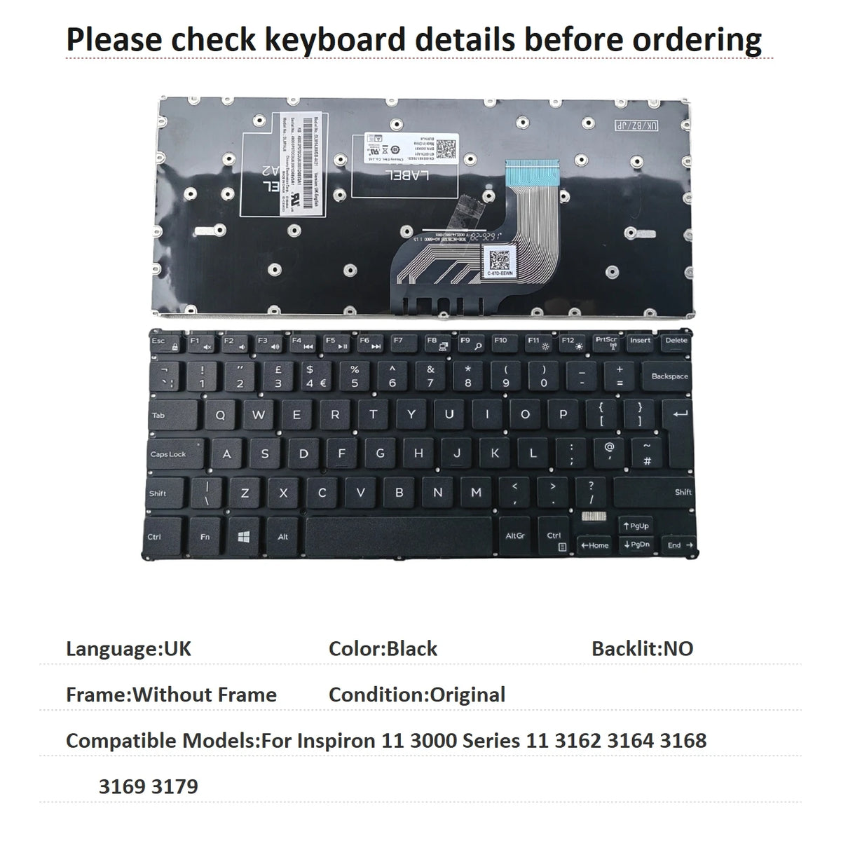New US Latin UK Language  Keyboard For Dell Inspiron 11 3000 Series 11 3162 3164 3168 3169 3179 Notebook PC Replacement KeyboardDell laptop repair parts