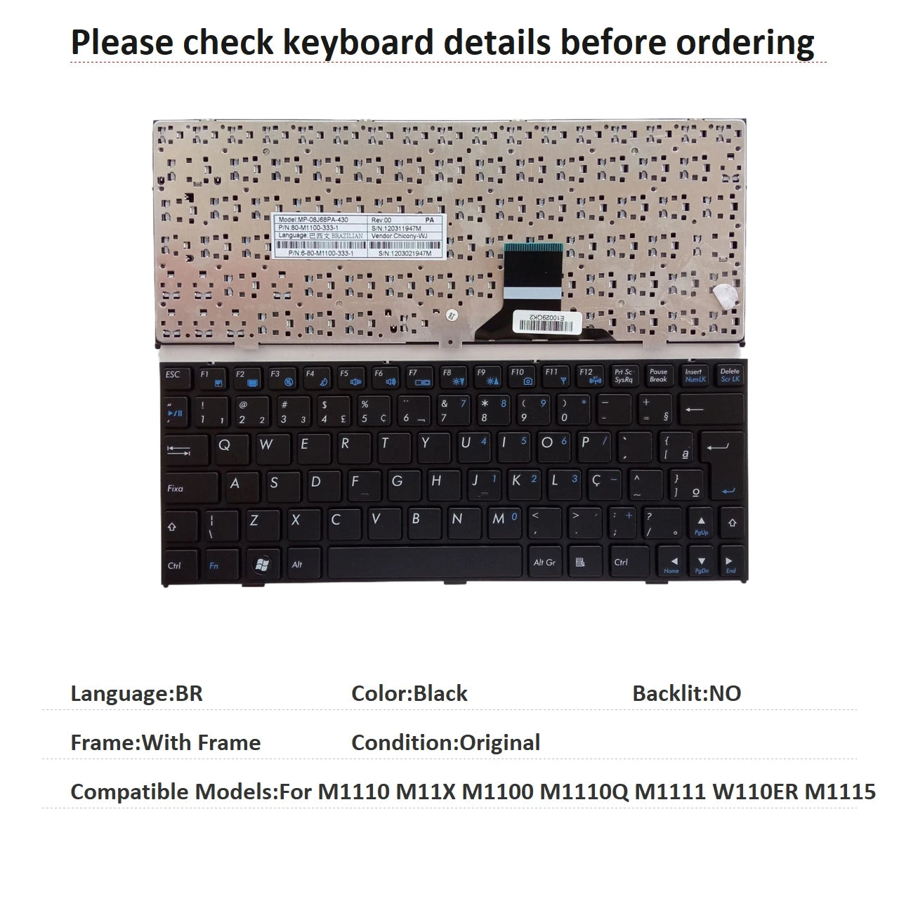 New Spanish Brazil Language  Keyboard For CLEVO M1110 M11X M1100 M1110Q M1111 W110ER M1115 Notebook PC Replacement Keyboard