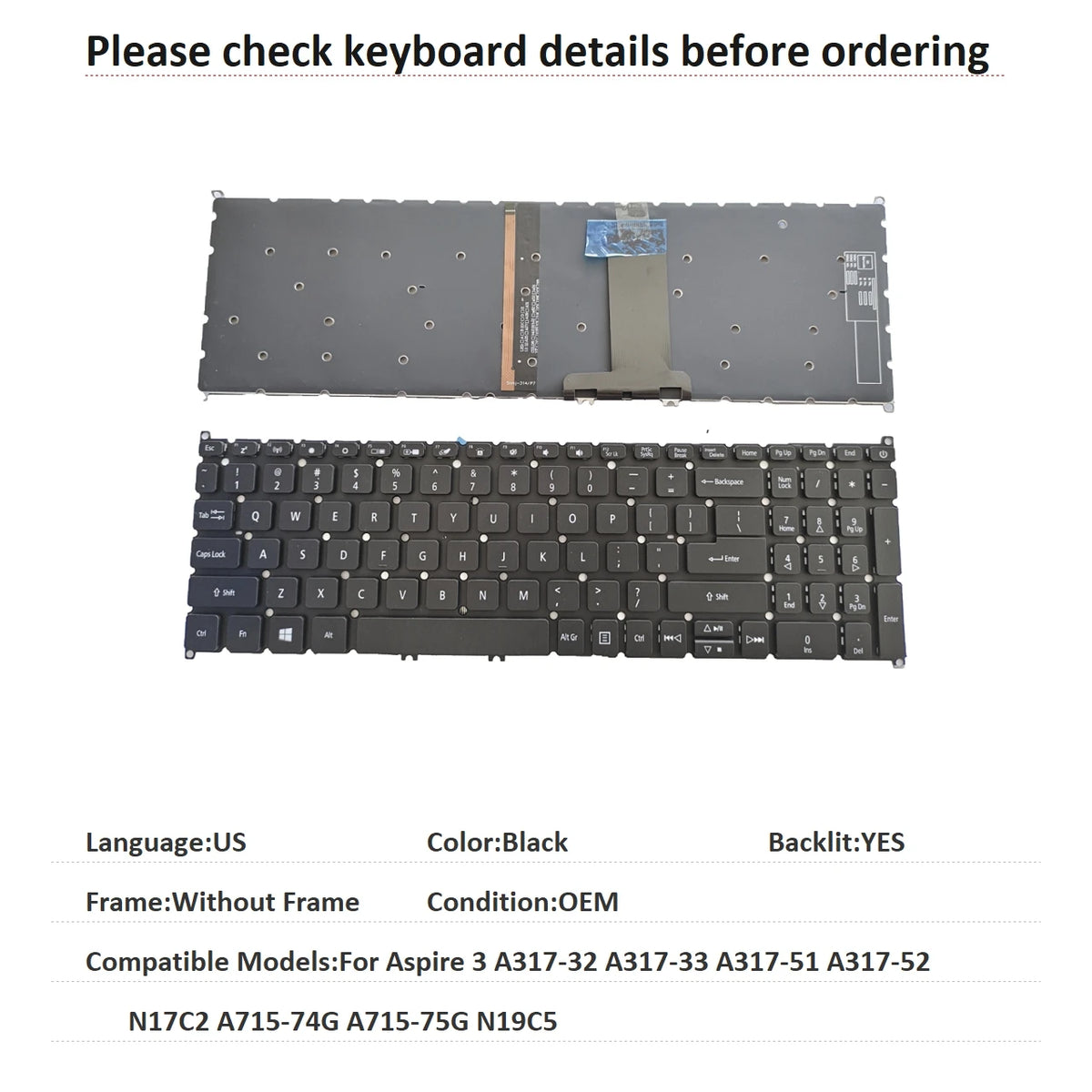 New US Russian Language  Backlit Keyboard For Acer Aspire 3 A317-32 A317-33 A317-51 A317-52 N17C2 A715-74G A715-75G N19C5 ACER laptop repair parts