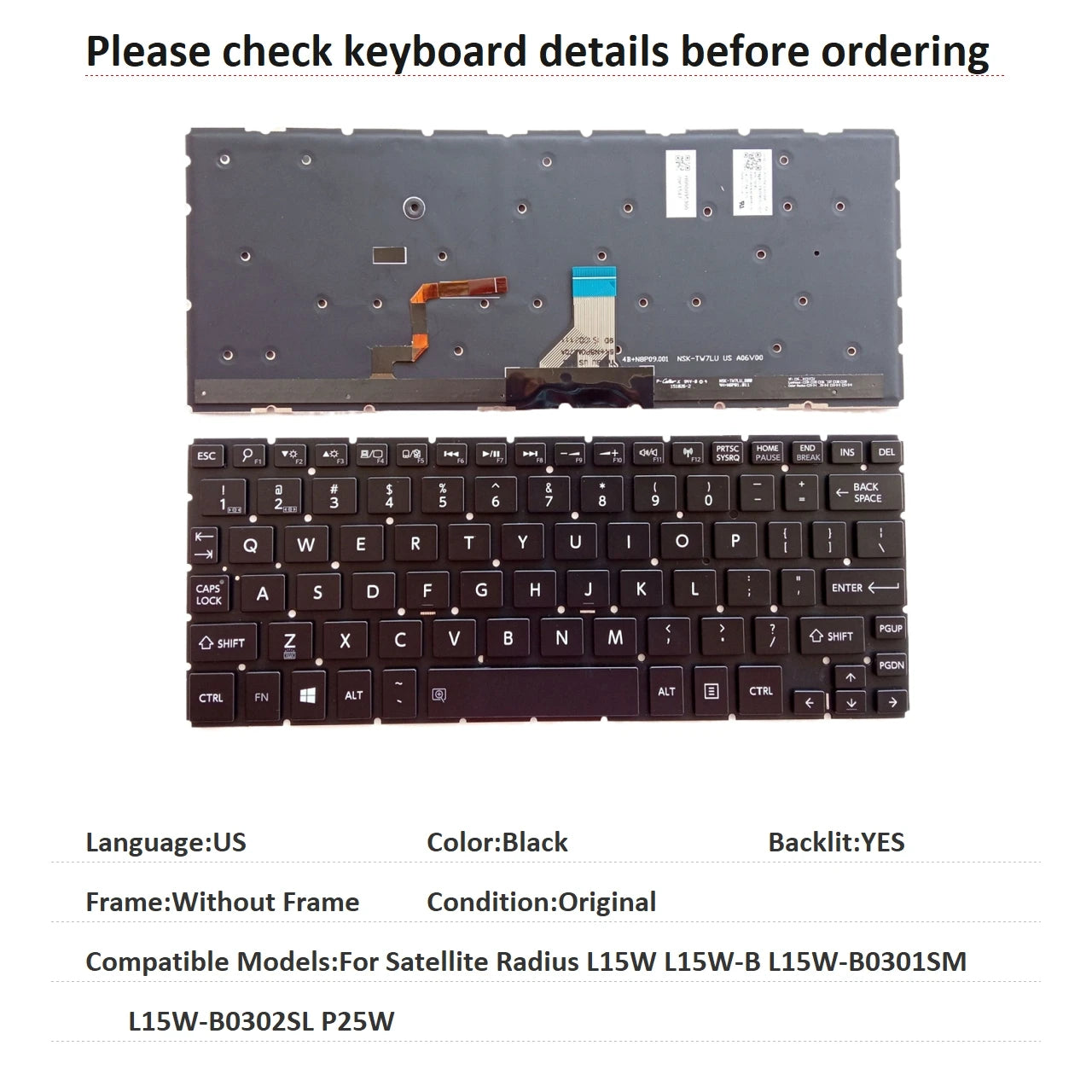 New US Language  Backlit Keyboard For Toshiba Satellite Radius L15W L15W-B L15W-B0301SM L15W-B0302SL P25W Replacement Keyboard