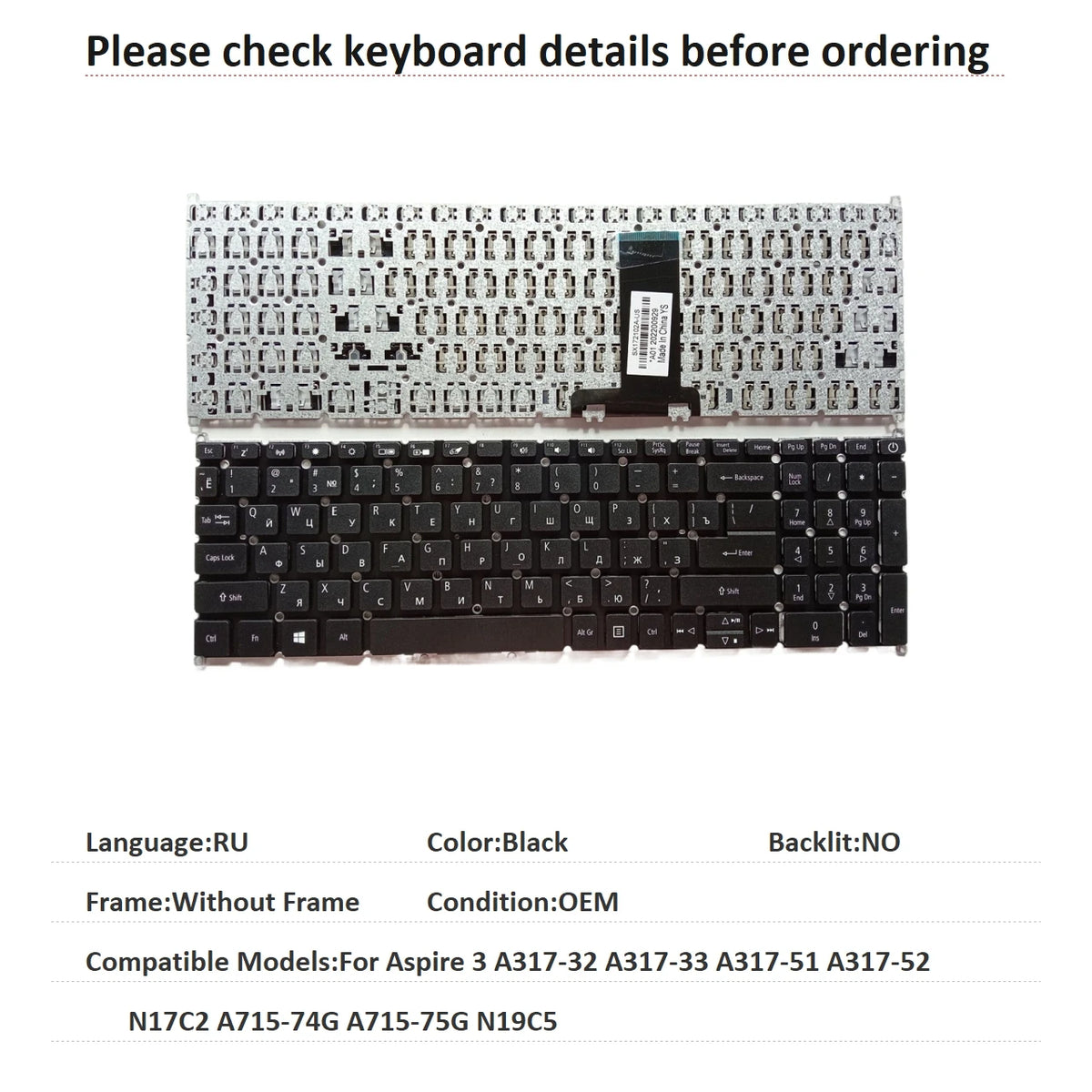New US Russian Language  Backlit Keyboard For Acer Aspire 3 A317-32 A317-33 A317-51 A317-52 N17C2 A715-74G A715-75G N19C5 ACER laptop repair parts