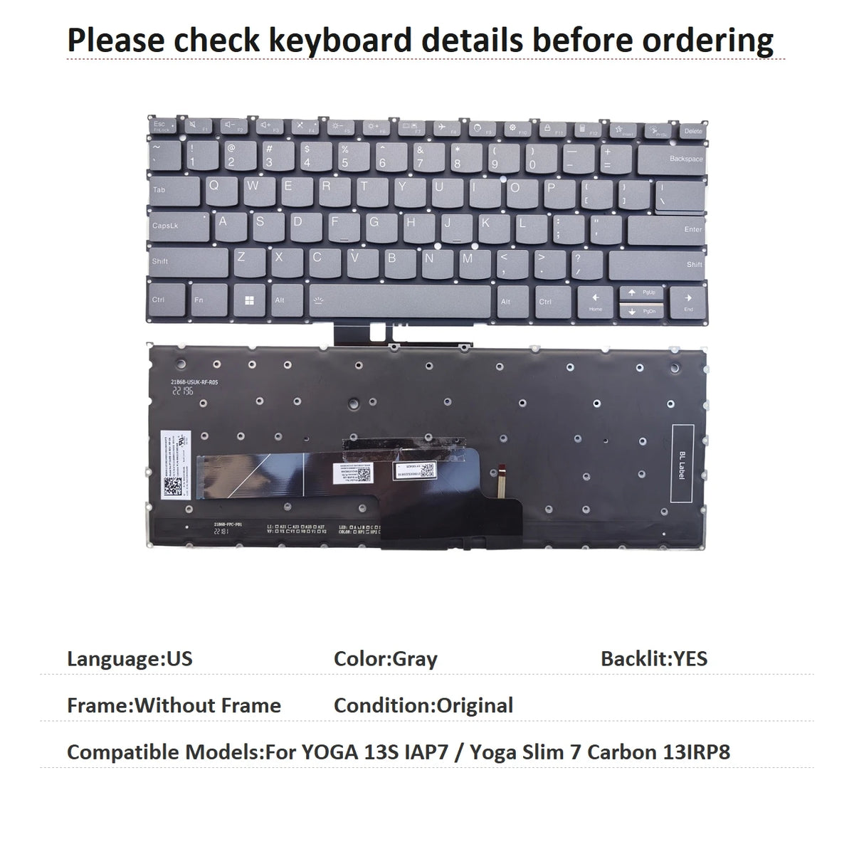 New US Language  Backlit Keyboard For Lenovo YOGA 13S IAP7 / Yoga Slim 7 Carbon 13IRP8 Notebook PC Replacement Keyboard Lenovo laptop repair parts