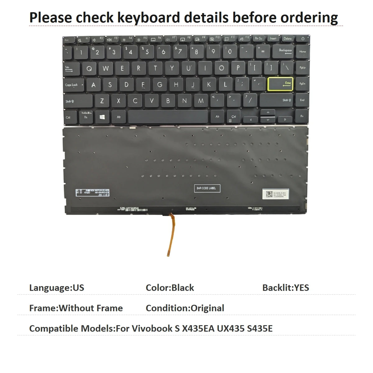 New US Language  Backlit Keyboard For ASUS Vivobook S X435EA UX435 S435E Notebook PC Replacement Keyboard  ASUS laptop repair parts