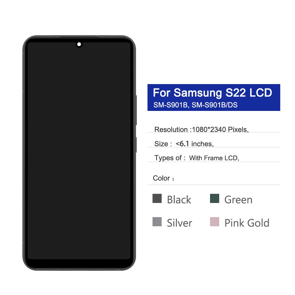 S22 5G LCD Screen for Samsung Galaxy S22 S901B S901B/DS Lcd Display Digital Touch Screen with Frame Assembly Parts 100% Tested Samsung phone repair parts
