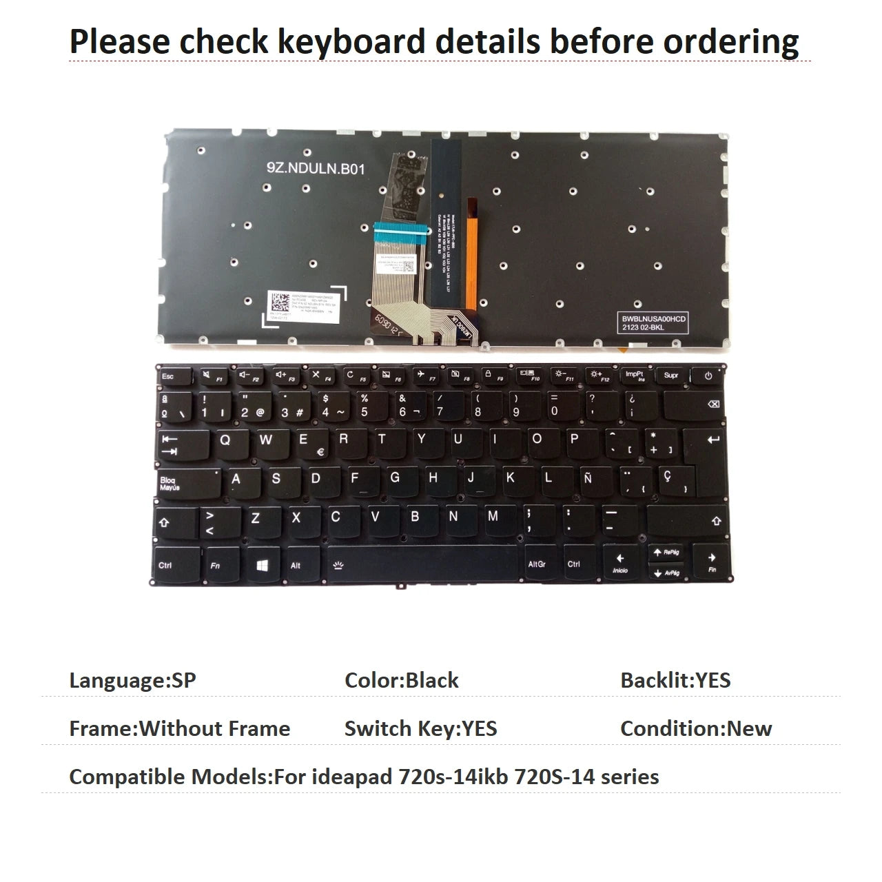New US Spanish Language  Backlit Keyboard For Lenovo ideapad 720s-14ikb 720S-14 series Replacement Keyboard LCM16K8 SN20M62403 Lenovo laptop repair parts