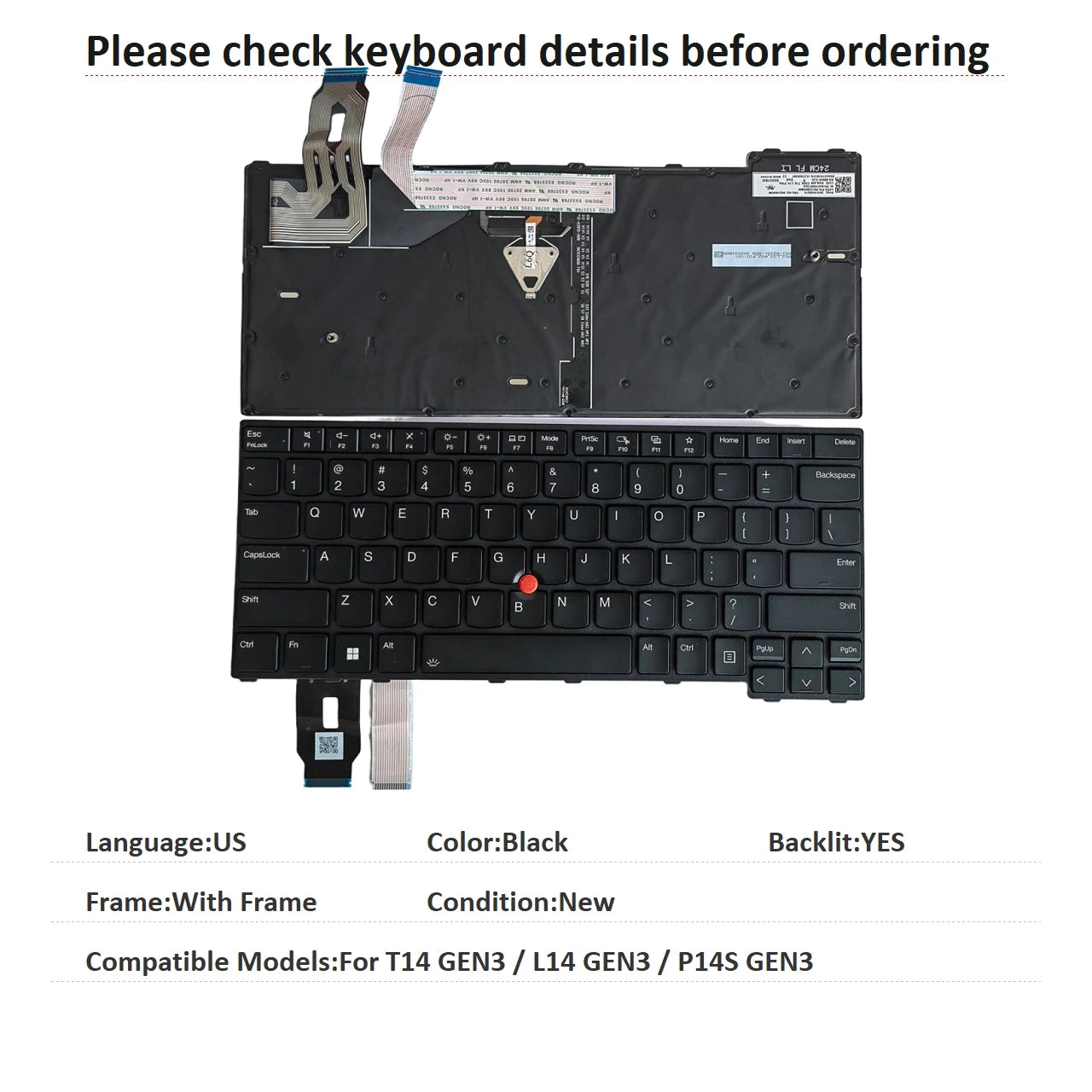 New US UI Spanish Language  Backlit Keyboard For Lenovo Thinkpad T14 GEN3 / L14 GEN3 / P14S GEN3 Replacement Keyboard Lenovo laptop repair parts