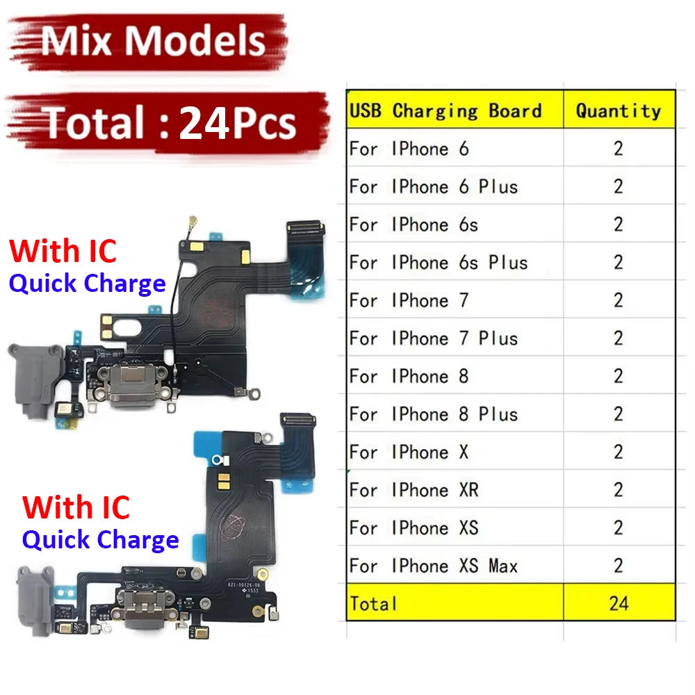 24Pcs，USB Charging Port Board Flex Cable Connector Microphone Module For iPhone 6 6S 7 8 Plus X XR XS Max iPhone phone repair parts