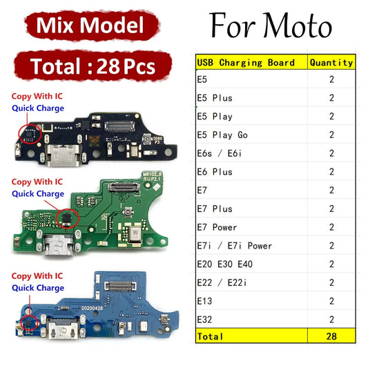 28Pcs, USB Charging Board Port Dock Charger Connector Flex Cable For Moto E5 E6 E6s E7i E7 Plus Power Play E20 E30 E32 E22 E13 Motorola phone repair parts